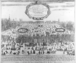 Der Frostjahrmarkt im Winter 1683-84 auf der Themse, mit der alten London Bridge im Hintergrund, ca. 1684